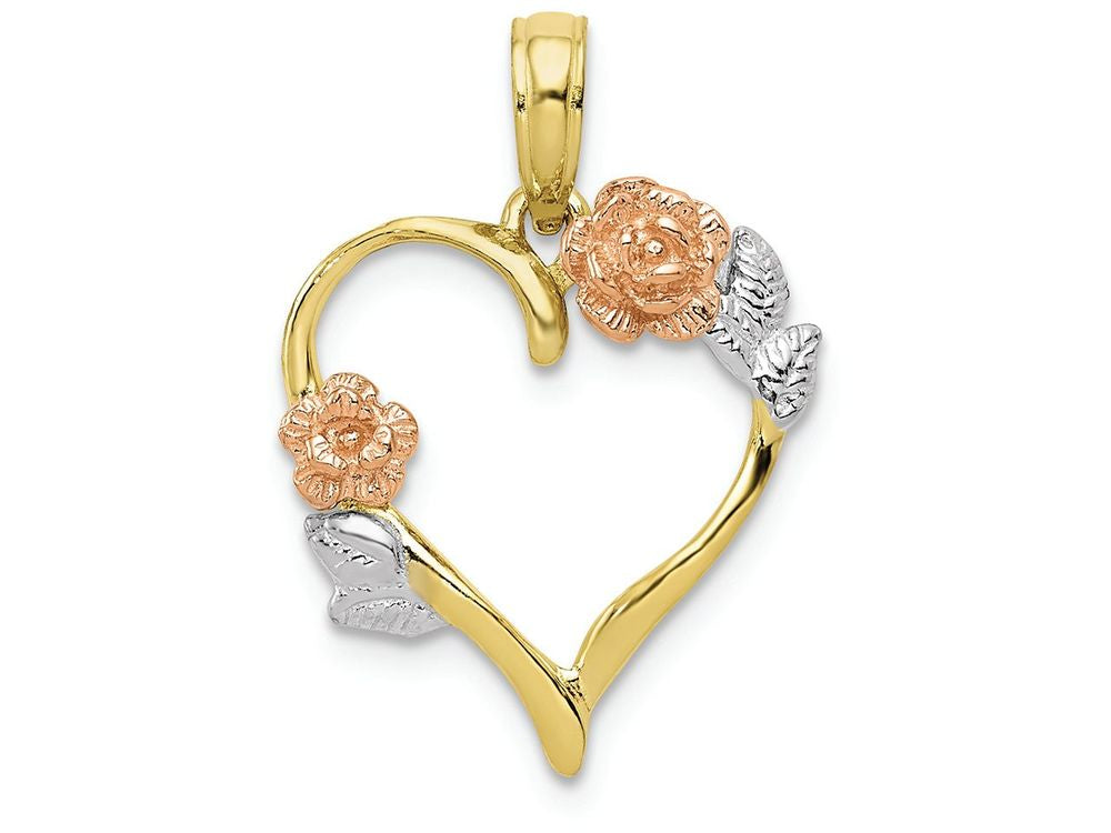 FJC Finejewelers 10k Two-tone Gold Heart with Pink Flowers White Leaves Polish Tri-c Charm