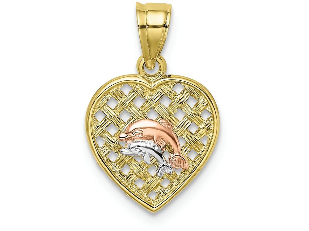 FJC Finejewelers 10 Kt Tri Color Gold Double Dolphins On Woven Heart Charm