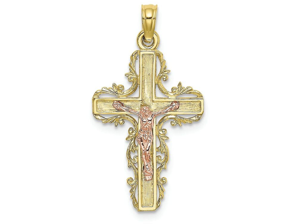 FJC Finejewelers 10k Two-tone Gold Lace Trim Crucifix with Pink Jesus Charm
