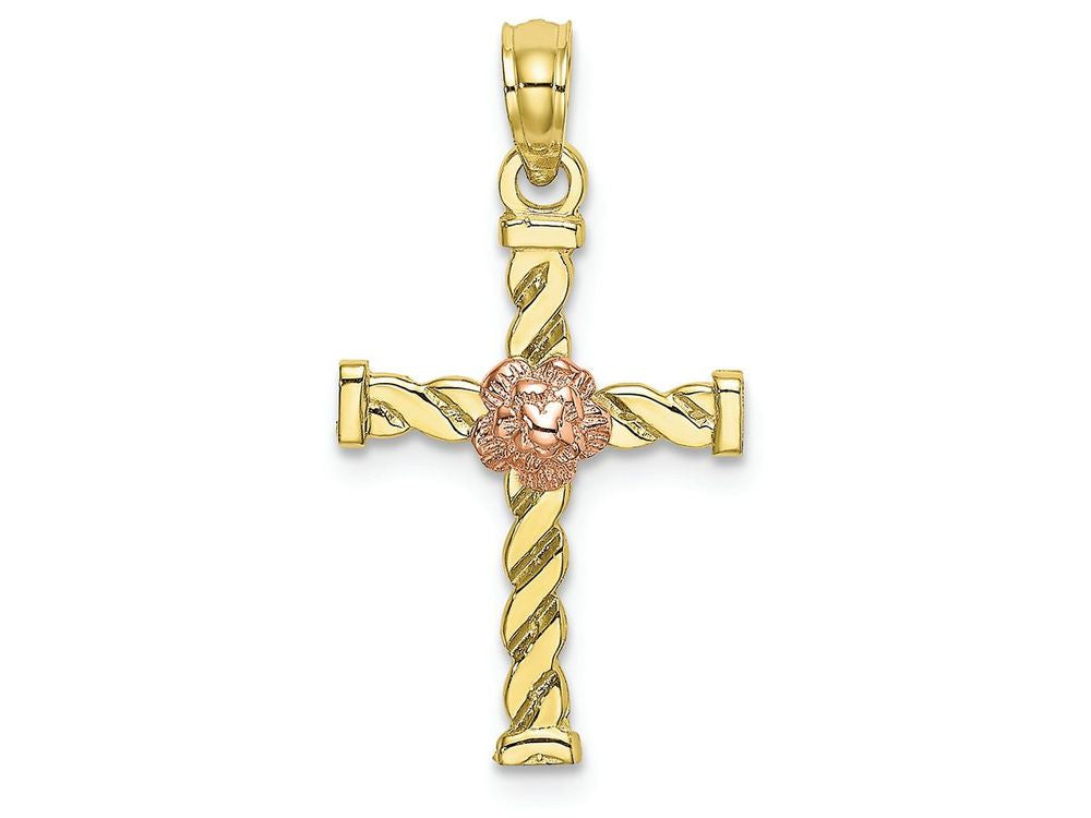FJC Finejewelers 10k Two-tone Gold Twisted Cross with Pink Flower Charm