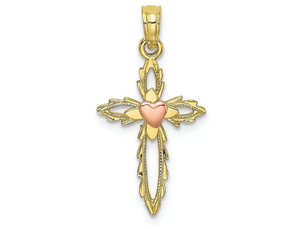 FJC Finejewelers 10k Two-tone Gold Cross with Pink Heart Center Charm