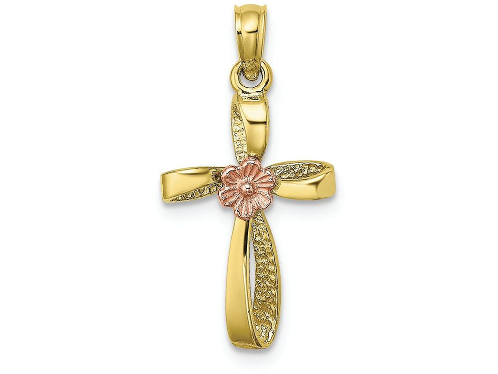 FJC Finejewelers 10k Two-tone Gold Twisted Cross with Pink Flower Center Charm
