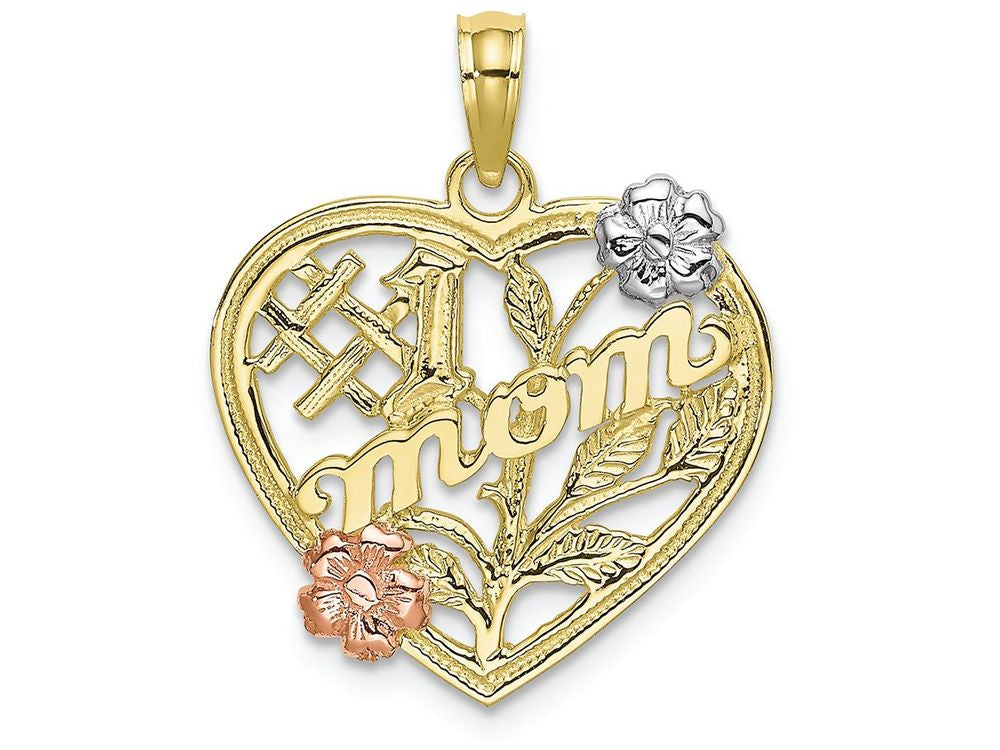 FJC Finejewelers 10k Two-tone Gold #1 Mom On Heart with Flowers Tri-color Charm