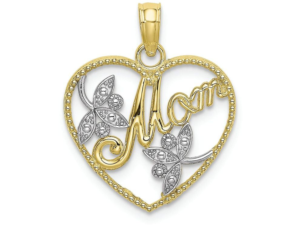 FJC Finejewelers 10k Two-tone Gold Beaded Heart with Mom White Double Leaf Centerhp Two-color Charm