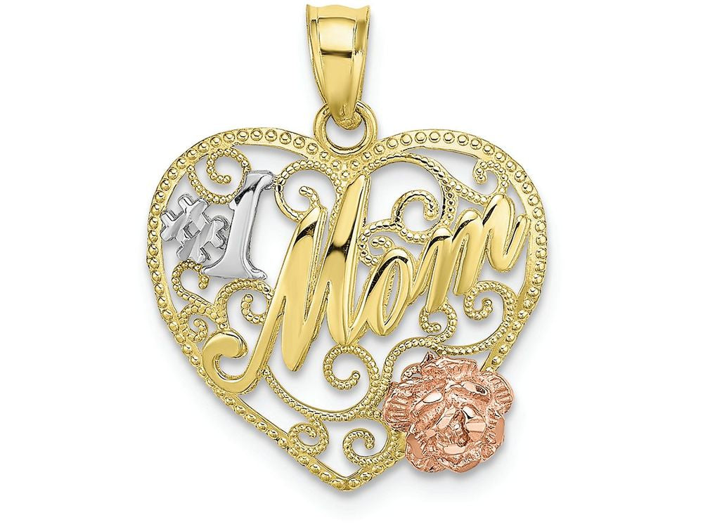 FJC Finejewelers 10k Two-tone Gold Beaded Heart with #1 Mom Pink Flower Centertri-color Charm