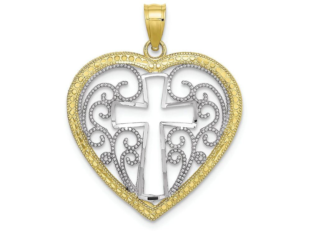 FJC Finejewelers 10k Yellow Gold with with Rhodium Heart with Cross In Center Beaded Filigree Charm