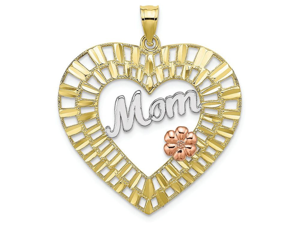 FJC Finejewelers 10k Two-tone Gold Mom with Pink Flower In Bright Cut Hearttri-color Charm