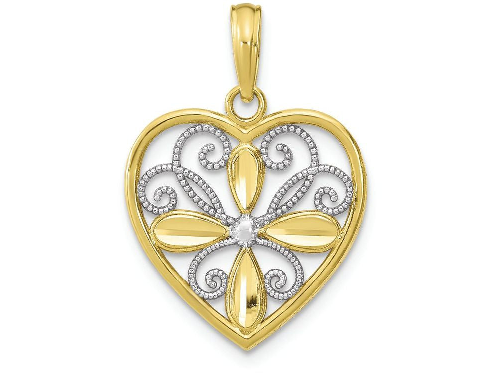 FJC Finejewelers 10k Yellow Gold Fashion Heart with Flower White Beaded Filigree Cntr Charm