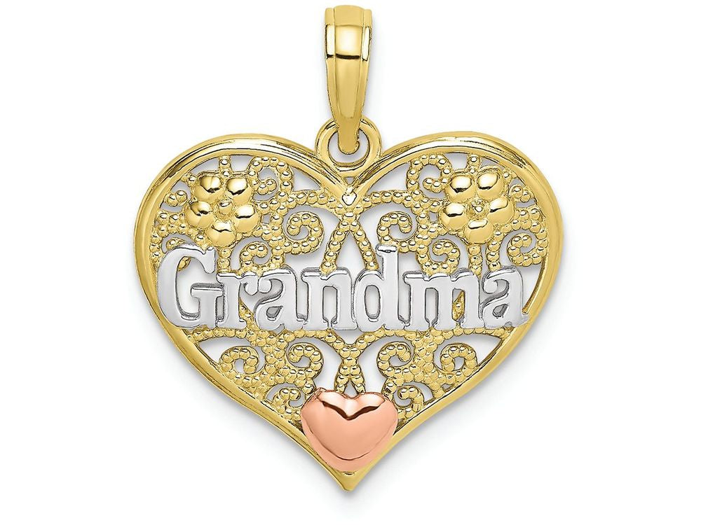 FJC Finejewelers 10k Two-tone Gold Wht Grandma In Filigree Heart with Pink Heart Accent Tri-color Charm