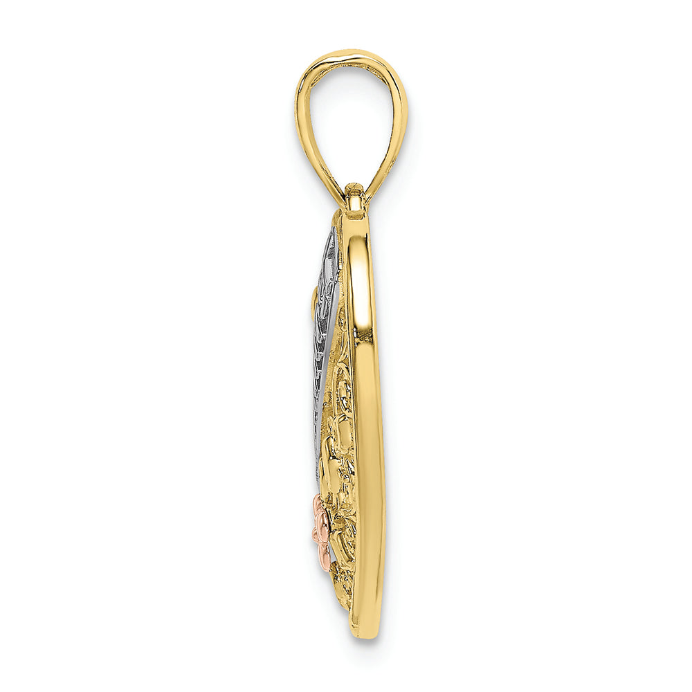 FJC Finejewelers 10k Yellow Gold with with Rhodium Wht Grandma In Filigree Heart with Pink Flowers Tri-color Charm