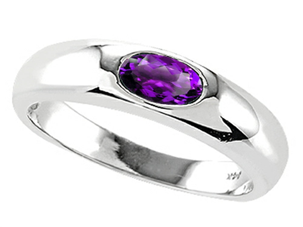 Tommaso Design Oval 6x4mm Genuine Amethyst Birthstone Wedding Band