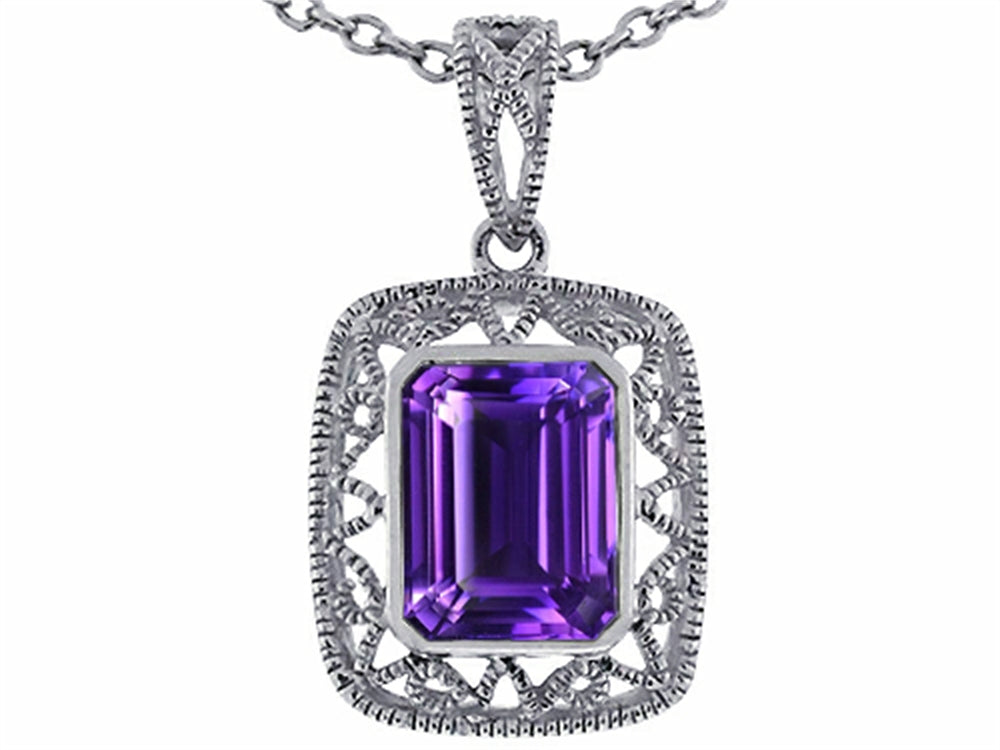 Star K Emerald Cut Genuine Amethyst Pendant Necklace