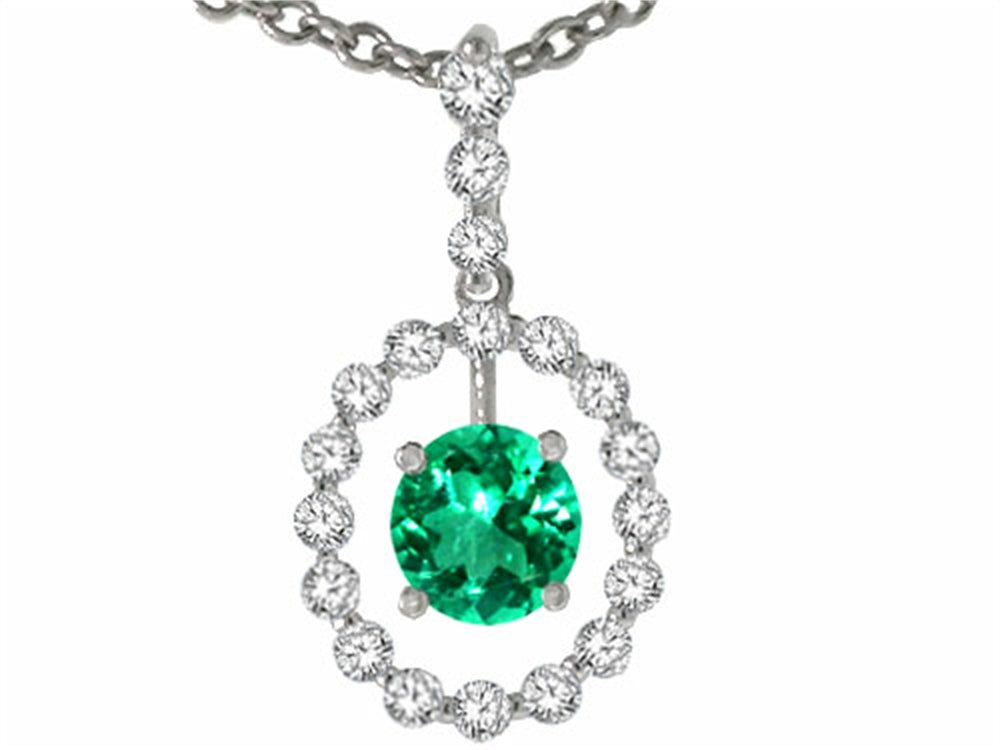 Tommaso Design Round 5 mm Genuine Emerald and Dimaond Pendant Necklace