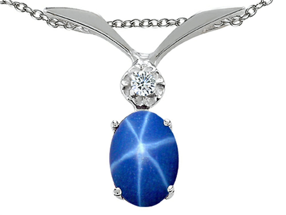 Tommaso Design Oval 8x6mm Created Star Sapphire and Genuine Diamond Pendant Necklace