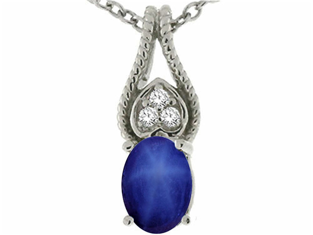 Tommaso Design Oval 7x5mm Created Star Sapphire and Genuine Diamond Pendant Necklace