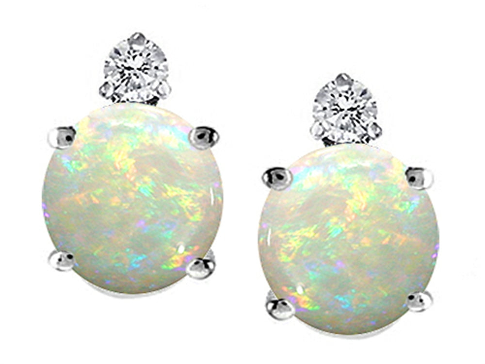 Tommaso Design Genuine 6mm Round Opal and Diamond Earrings Studs