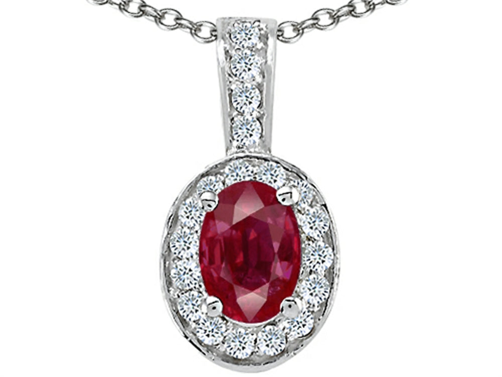 Tommaso Design Genuine Ruby and Diamond Oval Pendant Necklace