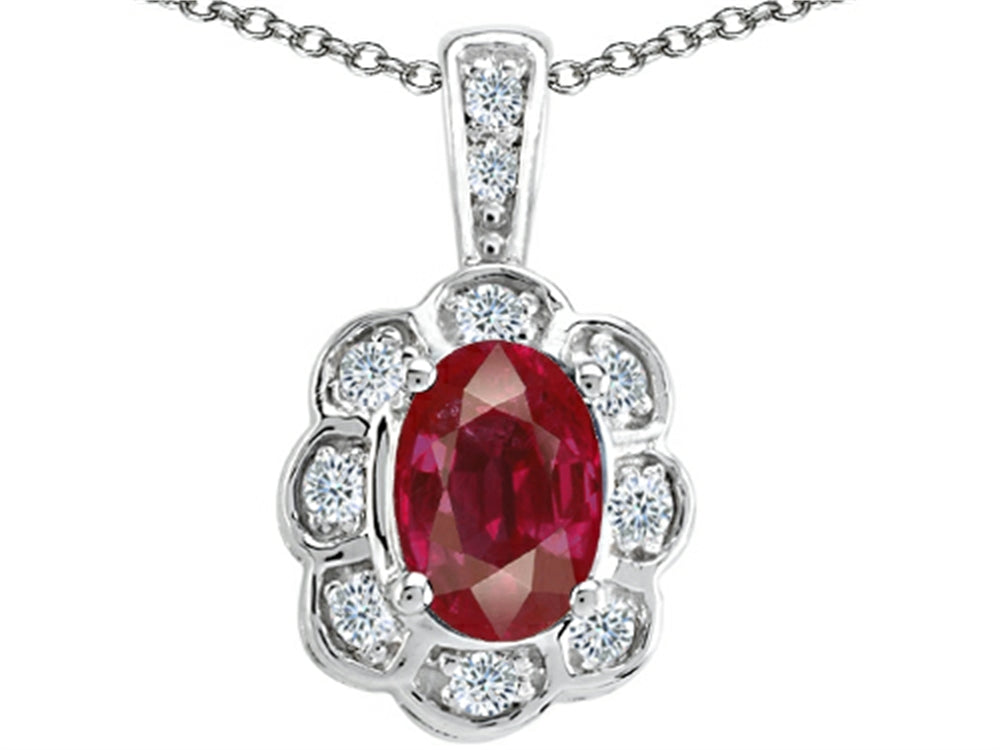 Tommaso Design Genuine Ruby and Diamond Oval Pendant Necklace