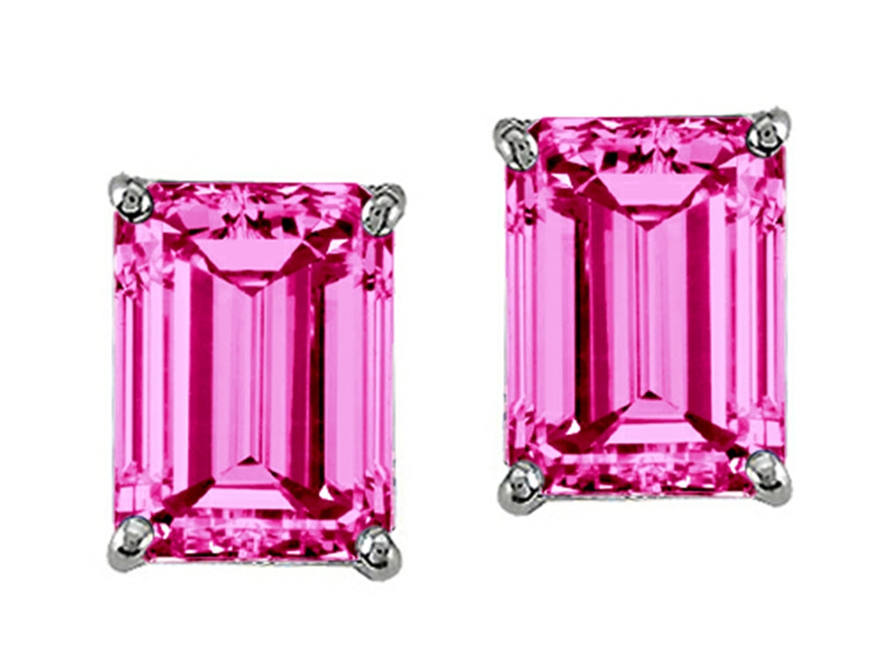 Tommaso Design Emerald Cut 8x6mm Created Pink Sapphire Earrings Studs