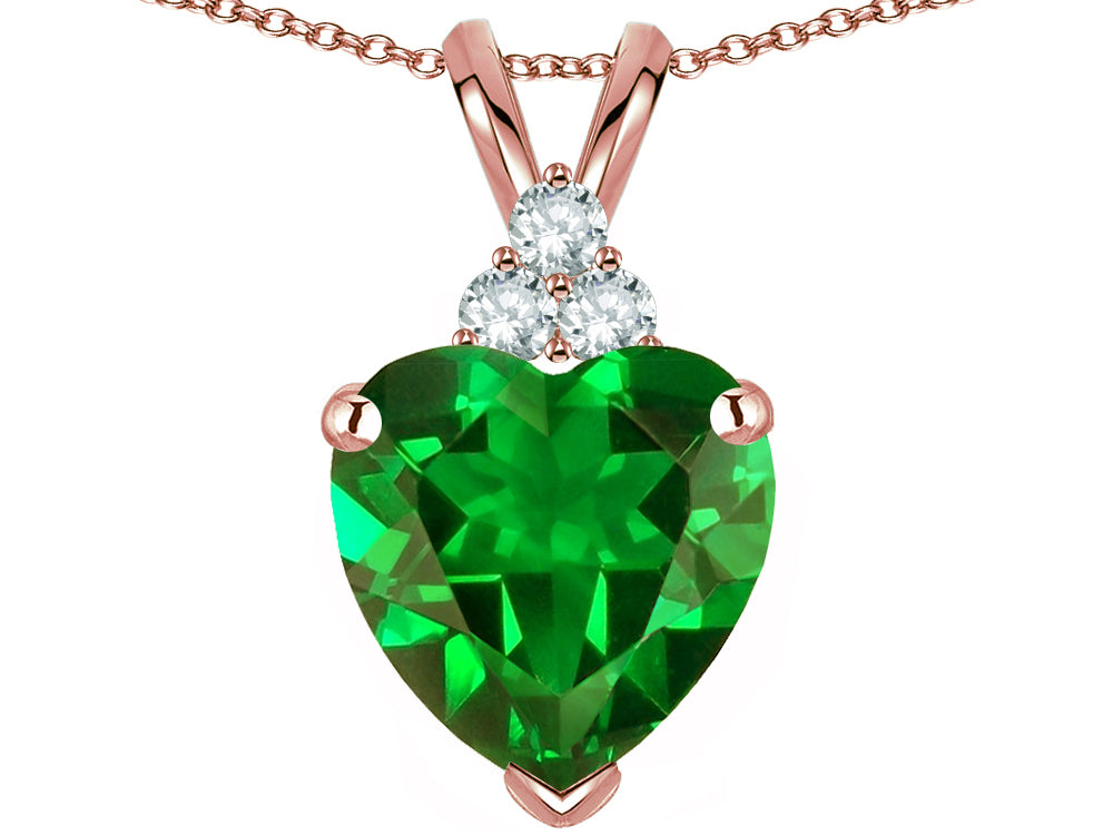 Star K 8mm Heart Shape Simulated Emerald Three Stone Pendant Necklace