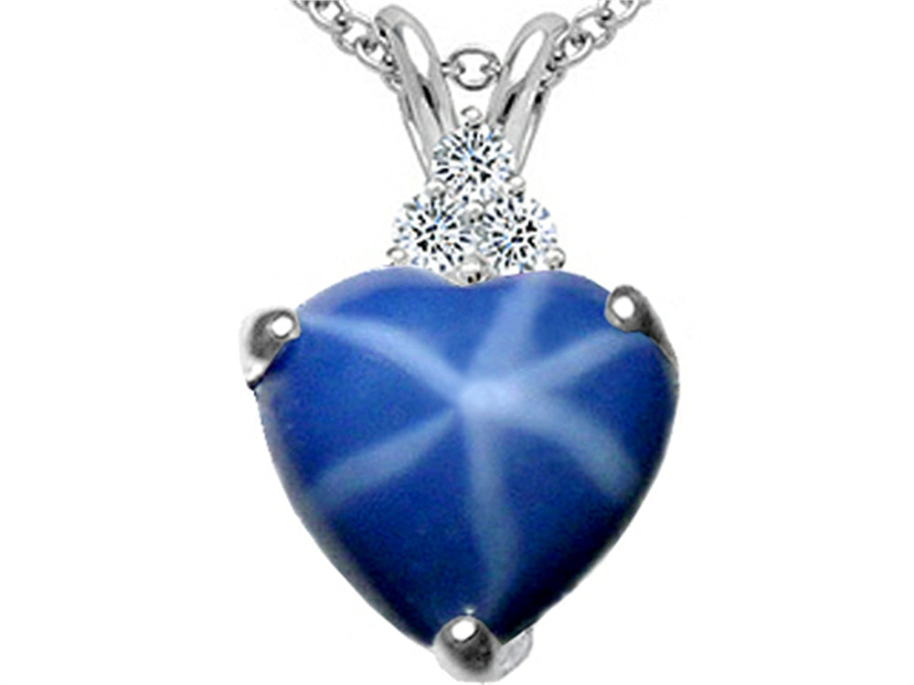 Tommaso Design Heart Shape 8mm Created Star Sapphire and Genuine Diamond Heart Pendant Necklace
