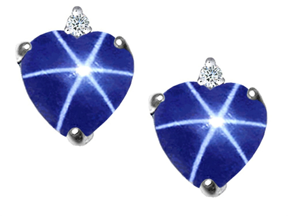 Tommaso Design Heart Shape Created Star Sapphire and Genuine Diamonds Earrings Studs