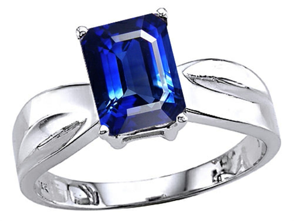 Tommaso Design Emerald Cut 8x6mm Created Blue Sapphire Solitaire Ring