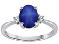 Tommaso Design Oval Created Star Sapphire 8x6mm 3 stone Engagement Ring