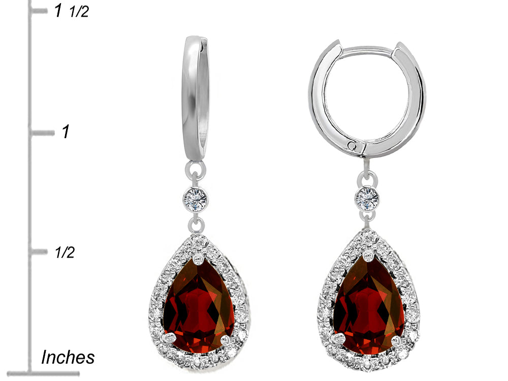 Star K Pear Shape 9x7mm Simulated Garnet Drop Earrings Dangling On Huggie Hoop