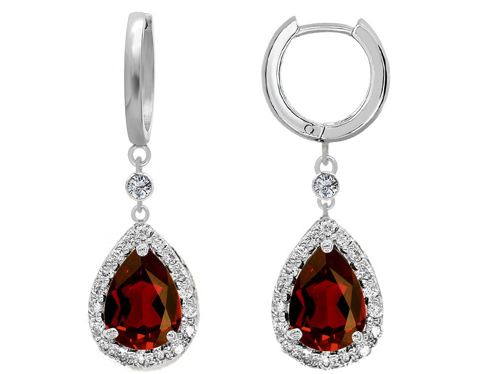 Star K Pear Shape 9x7mm Simulated Garnet Drop Earrings Dangling On Huggie Hoop