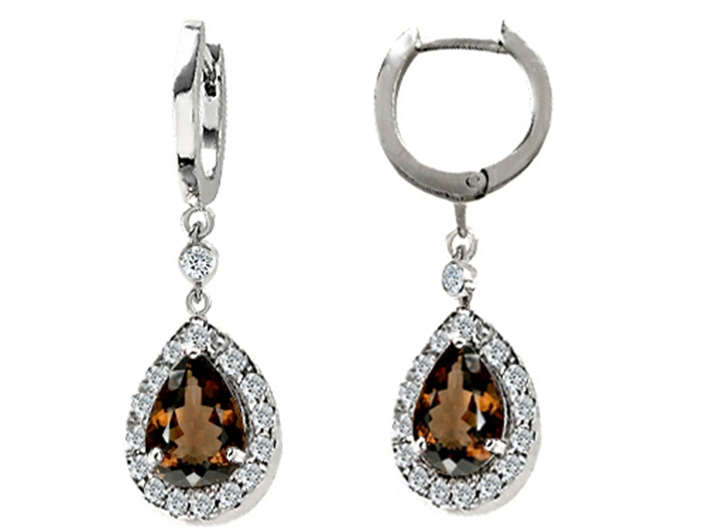 Star K Genuine Smoky Quartz 1.50 Inch Drop Earrings Dangling On 35mm Huggie Hoop