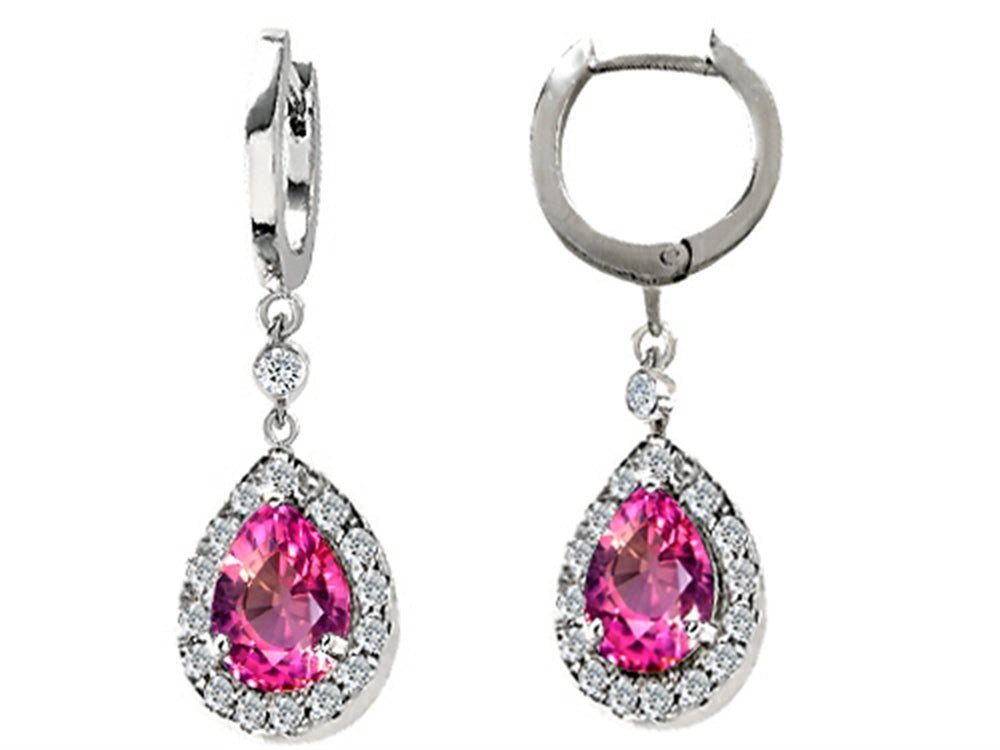 Star K Simulated Pink Topaz 1.50 Inch Drop Earrings Dangling On 35mm Huggie Hoop