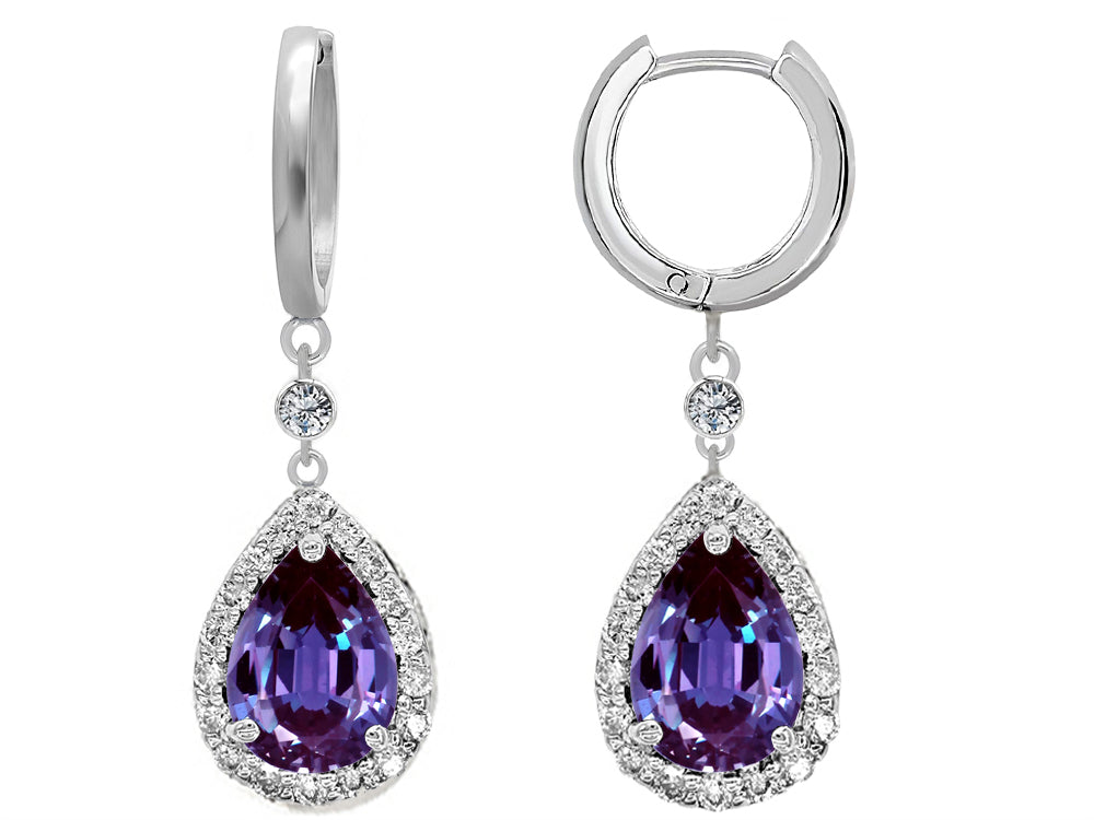 Star K Pear Shape 9x7mm Simulated Alexandrite Drop Earrings Dangling On Huggie Hoop