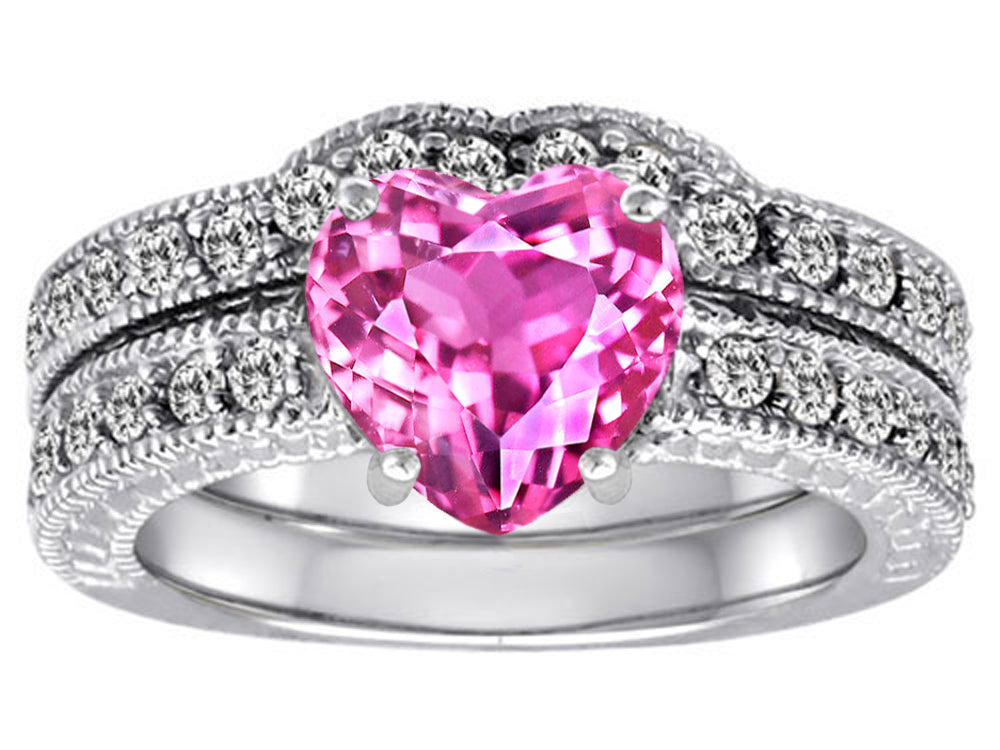 Star K 8mm Heart Shape Created Pink Sapphire Wedding Set