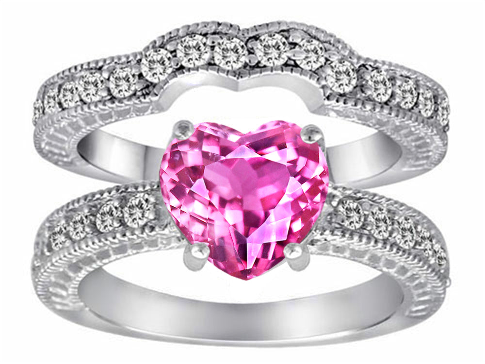 Star K 8mm Heart Shape Created Pink Sapphire Wedding Set