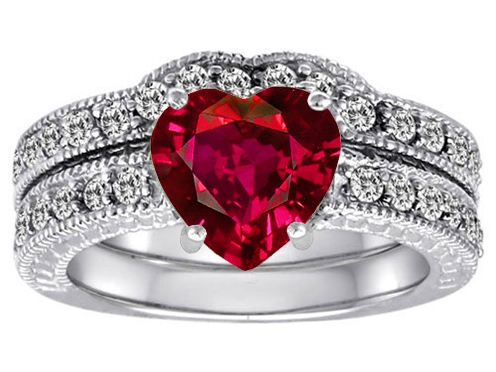 Star K 8mm Heart Shape Created Ruby Wedding Set