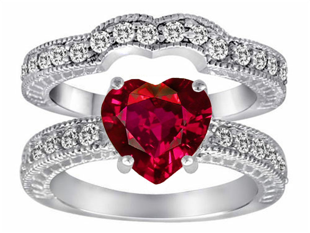 Star K 8mm Heart Shape Created Ruby Wedding Set