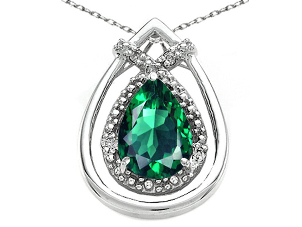 Tommaso Design Pear Shape 8x6mm Simulated Emerald Pendant Necklace