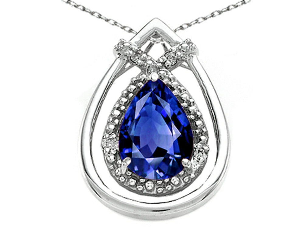 Tommaso Design Pear Shape 8x6mm Created Blue Sapphire Pendant Necklace