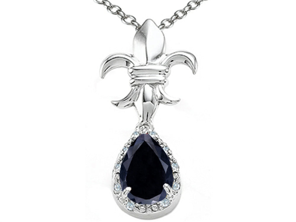 Tommaso Design Pear Shape 8x6mm Genuine Black Sapphire Pendant Necklace