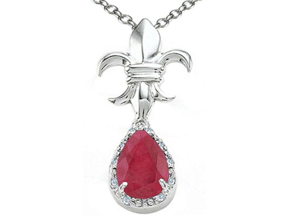 Tommaso Design Genuine Pear Shape Ruby and Diamond Pendant Necklace