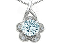Tommaso Design Round 7 mm Genuine Aquamarine Flower Pendant Necklace