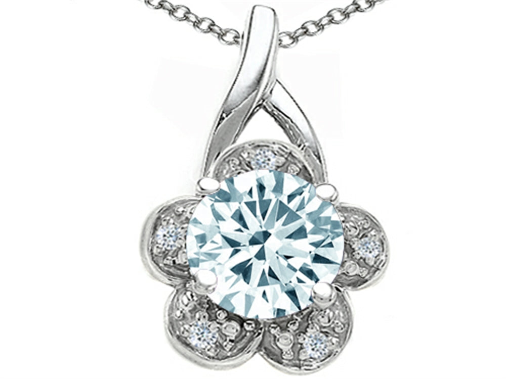 Tommaso Design Round 7 mm Genuine Aquamarine Flower Pendant Necklace