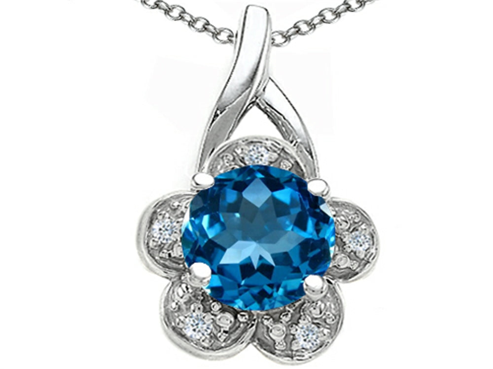 Tommaso Design Round 7 mm Genuine Blue Topaz Flower Pendant Necklace