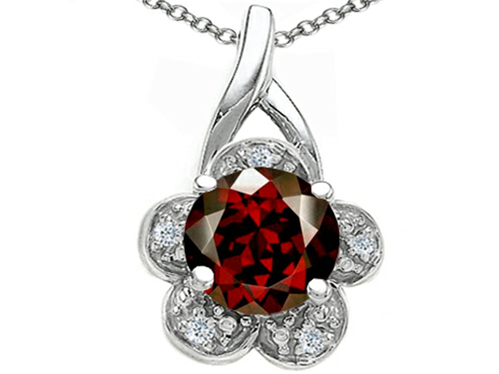 Tommaso Design Round 7 mm Genuine Garnet Flower Pendant Necklace