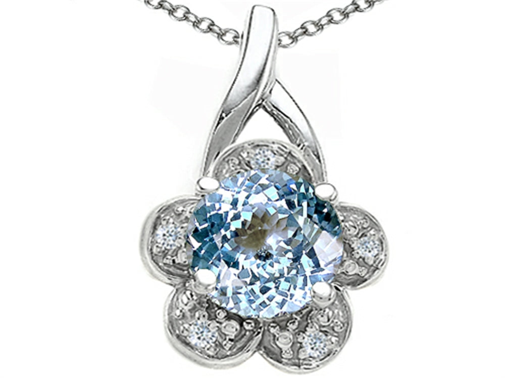 Tommaso Design Round 7 mm Simulated Aquamarine Flower Pendant Necklace