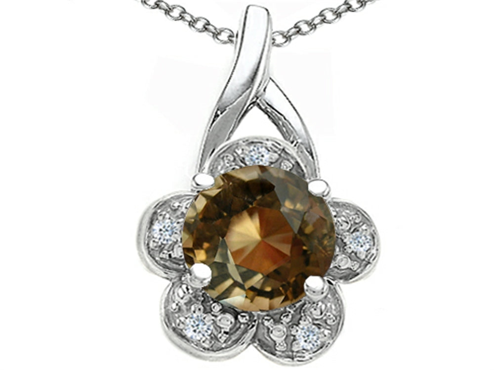 Tommaso Design Round 7 mm Genuine Smoky Quartz Flower Pendant Necklace