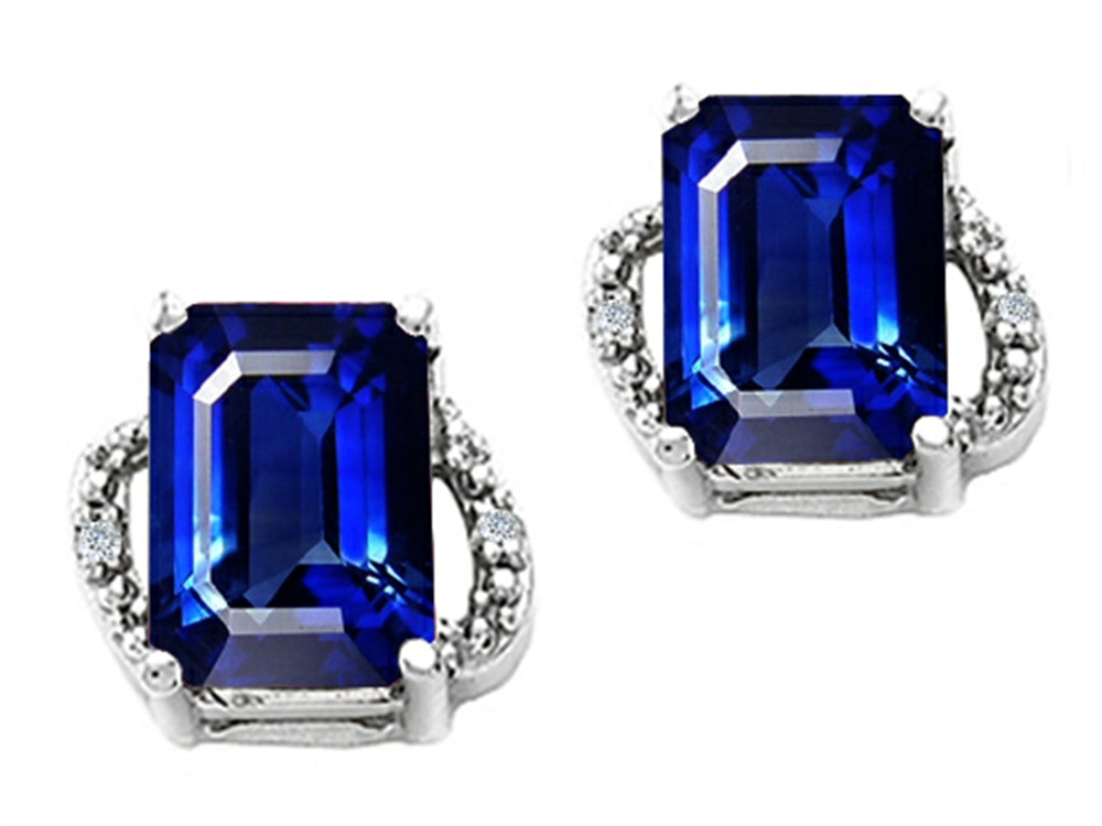 Tommaso Design Emerald Cut 8x6mm Created Blue Sapphire Earrings