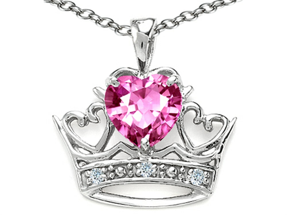 Tommaso Design Heart Shape 6mm Simulated Pink Tourmaline Crown Pendant Necklace