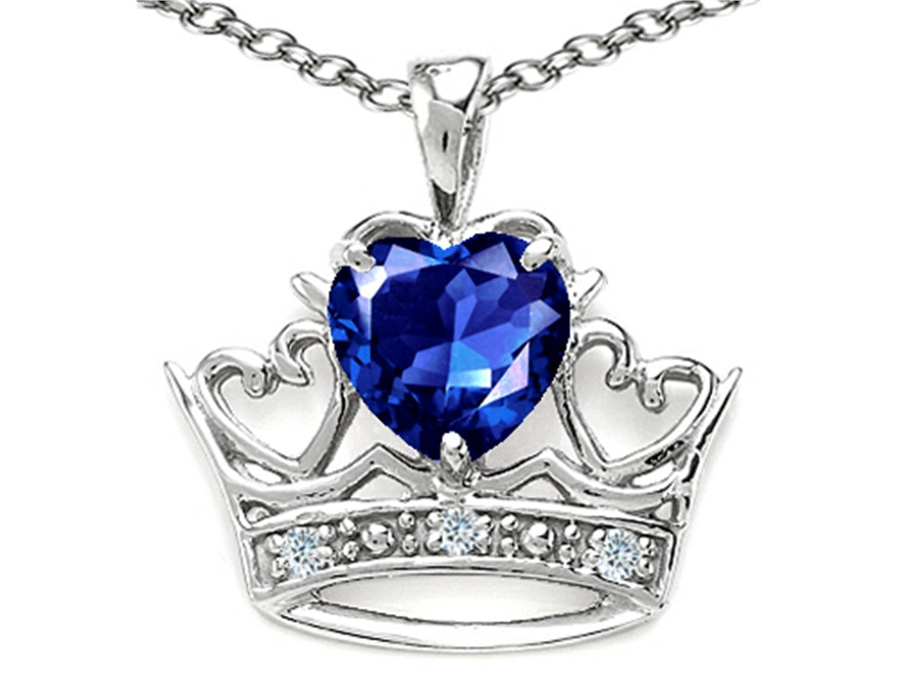 Tommaso Design Heart Shape 6 mm Created Blue Sapphire Crown Pendant Necklace
